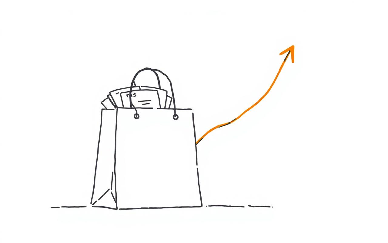 Minimal illustration of a shopping bag with an upward growth arrow