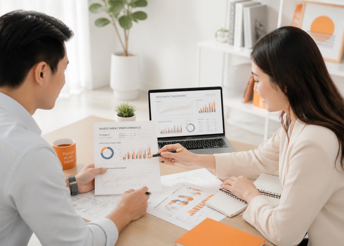 Two people reviewing e-commerce performance reports and charts