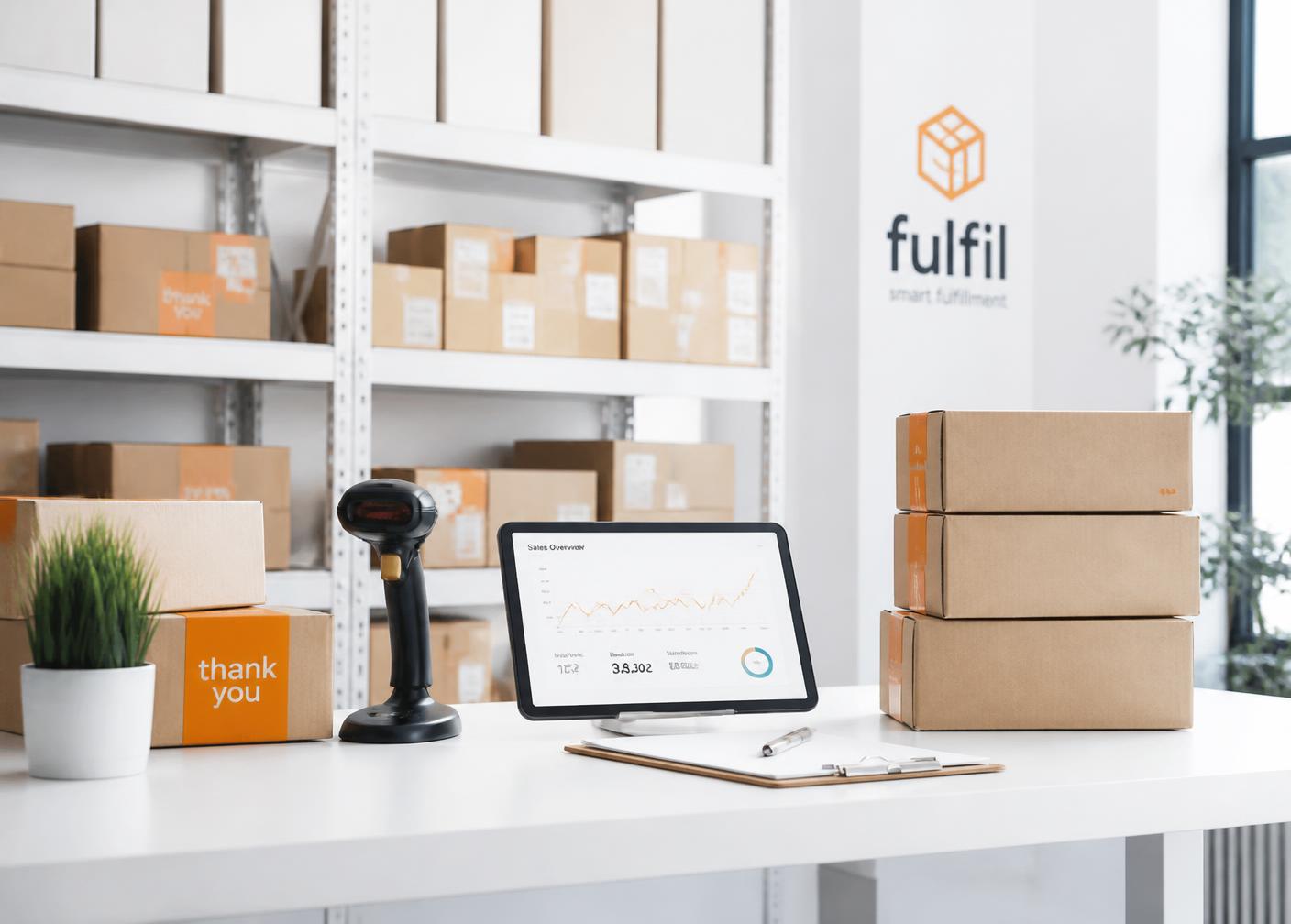 Fulfilment desk with organised product boxes and a sales dashboard on a tablet